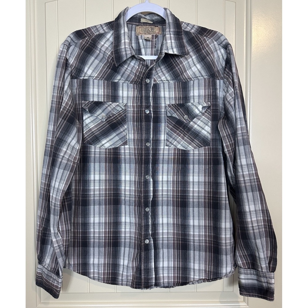 BKE pearl snap Button Front Shirt Plaid Contour Fit long sleeve Vintage sz M